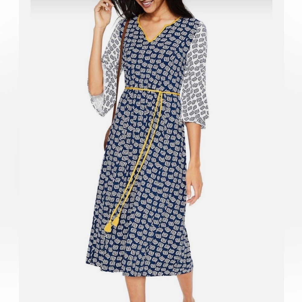 Boden Blue and White Geometric Dress with Yellow Accent